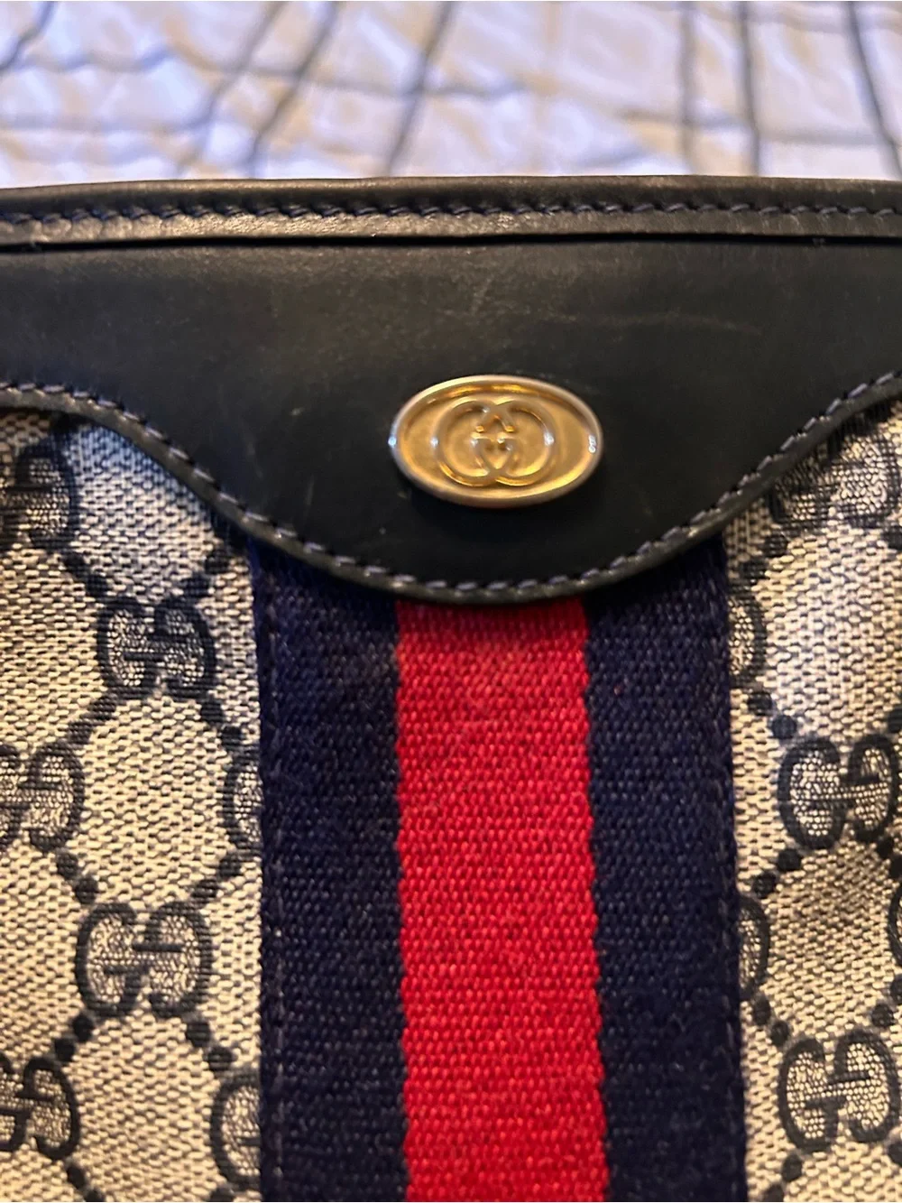 Gucci GG Supreme Briefcase Tote in Beige with Blue and Red Stripe